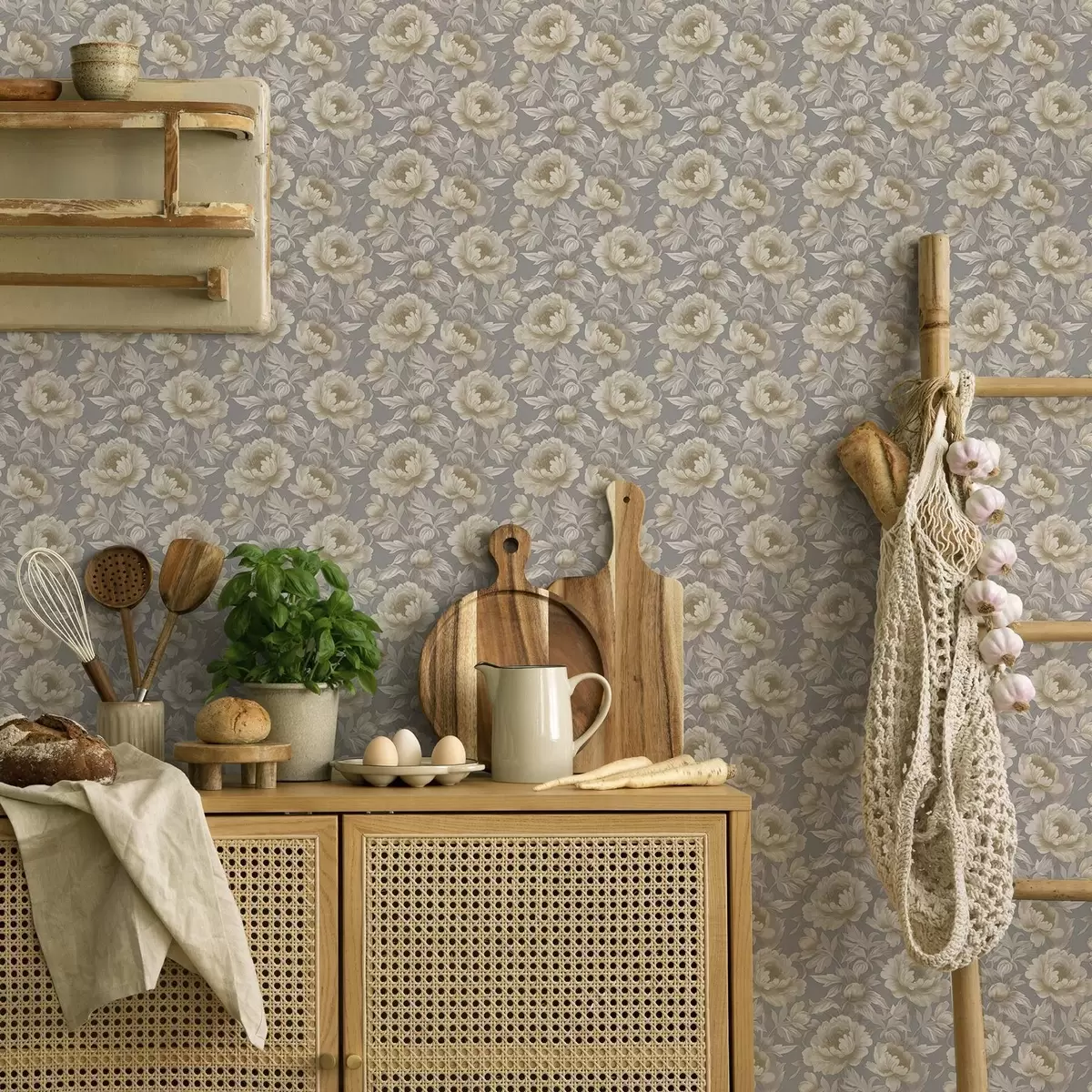 Papel pintado Exuberantes peonías y hojas sobre fondo gris a00403
