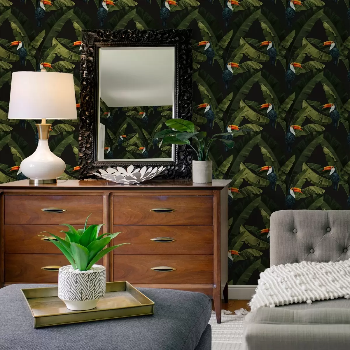 Papel pintado Tucán en hojas tropicales a00415