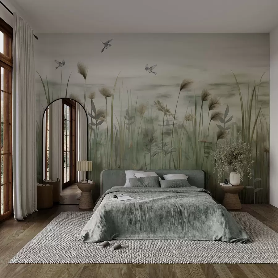 murales de pared Versión ligera de paisaje de hierba con golondrinas w04258