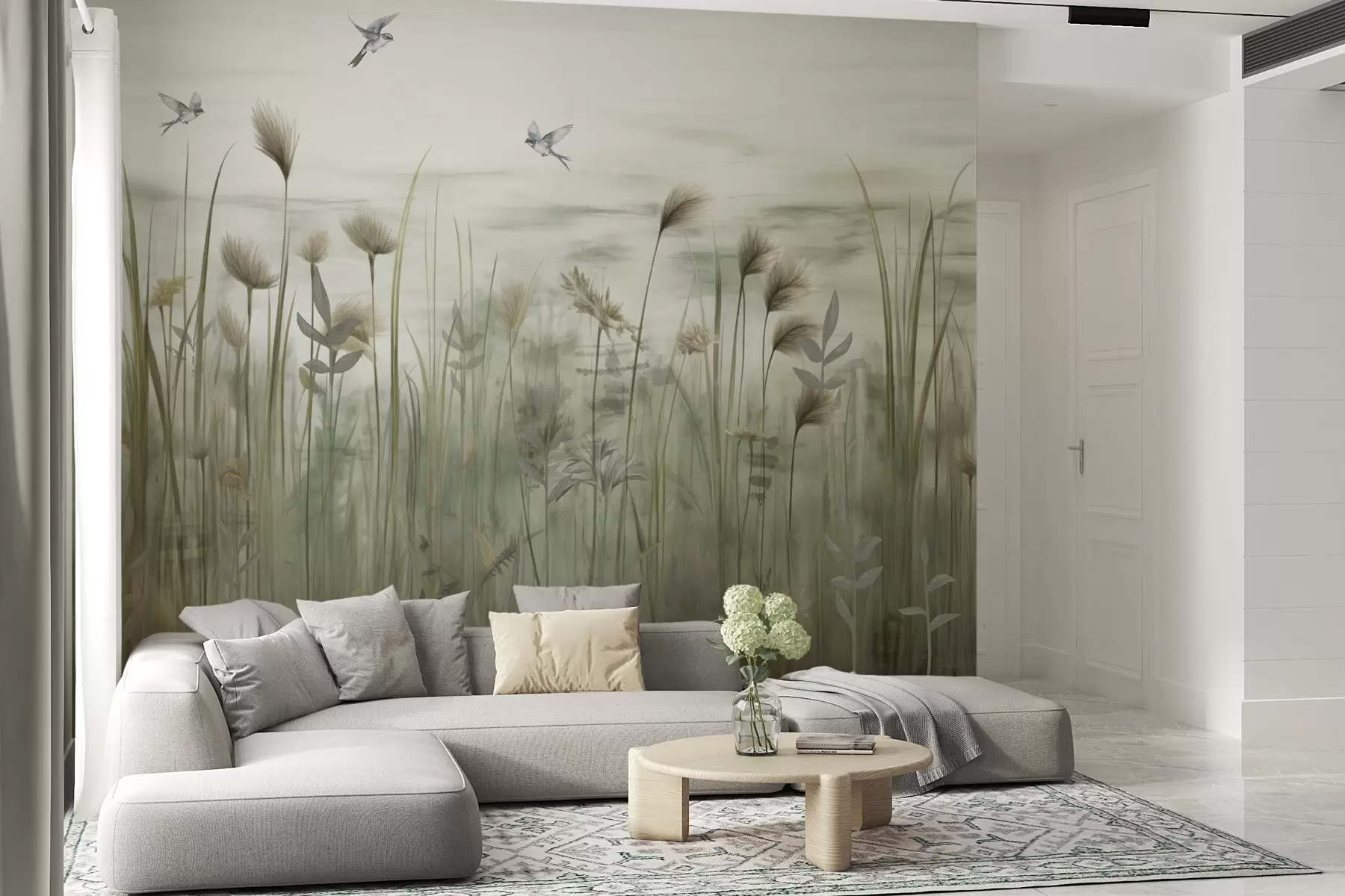 murales de pared Versión ligera de paisaje de hierba con golondrinas w04258