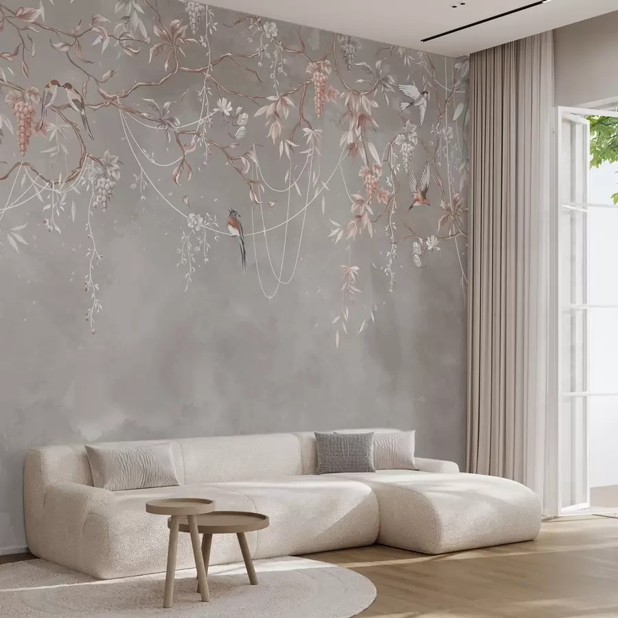 murales de pared Ramas con uvas y pájaros sobre fondo gris rosado cálido w04302