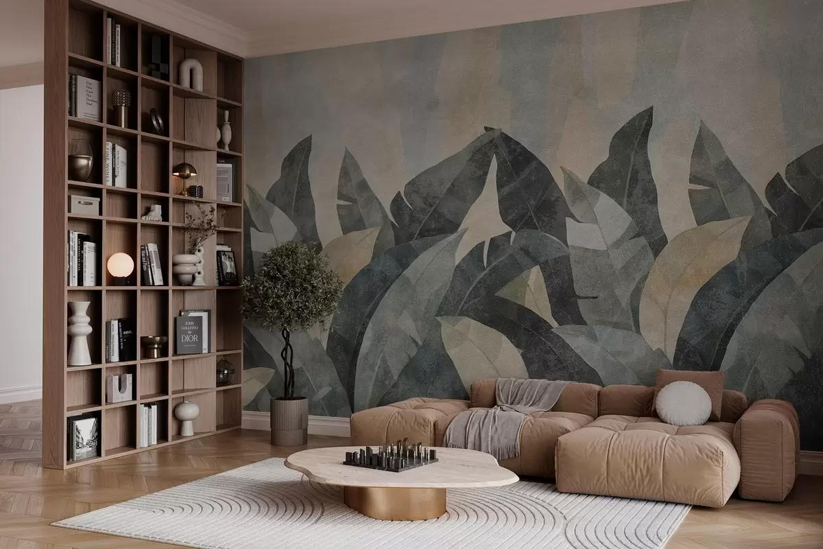 murales de pared hojas de plátano texturizadas en tonos naturales de beige, verde y gris w04285