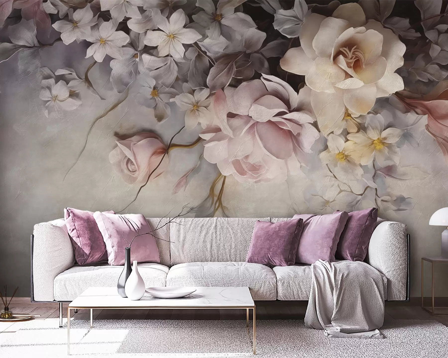 murales de pared Grandes flores colgando de la pared sobre un fondo de hormigón w09184