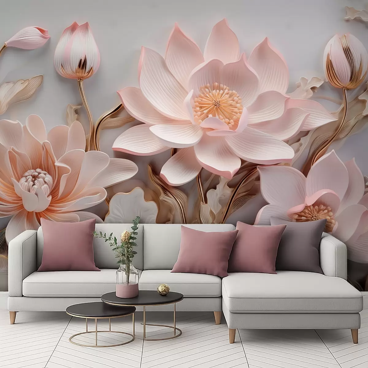 murales de pared Flores voluminosas de color rosa con hojas amarillas w09277