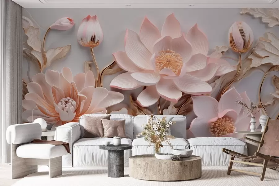 murales de pared Flores voluminosas de color rosa con hojas amarillas w09277