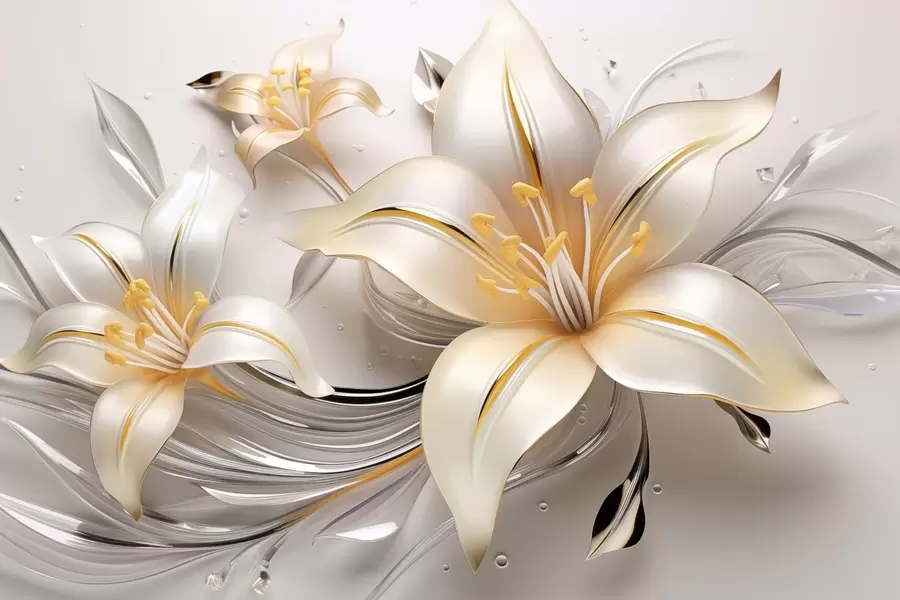 murales de pared Lirios amarillos con efecto 3D sobre fondo claro w09278