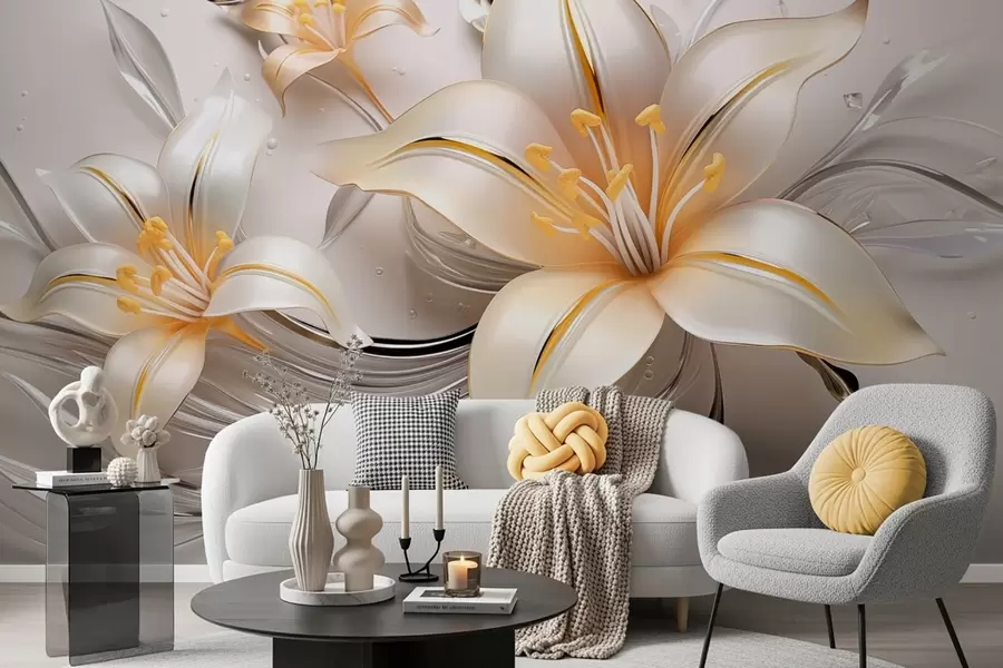 murales de pared Lirios amarillos con efecto 3D sobre fondo claro w09278