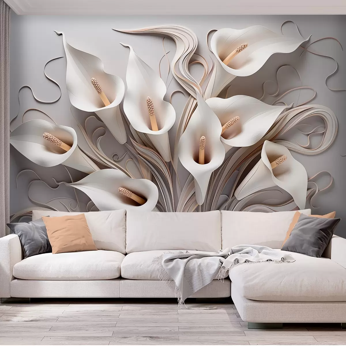 murales de pared Calas volumétricas en tonos crema con efecto 3D w09281