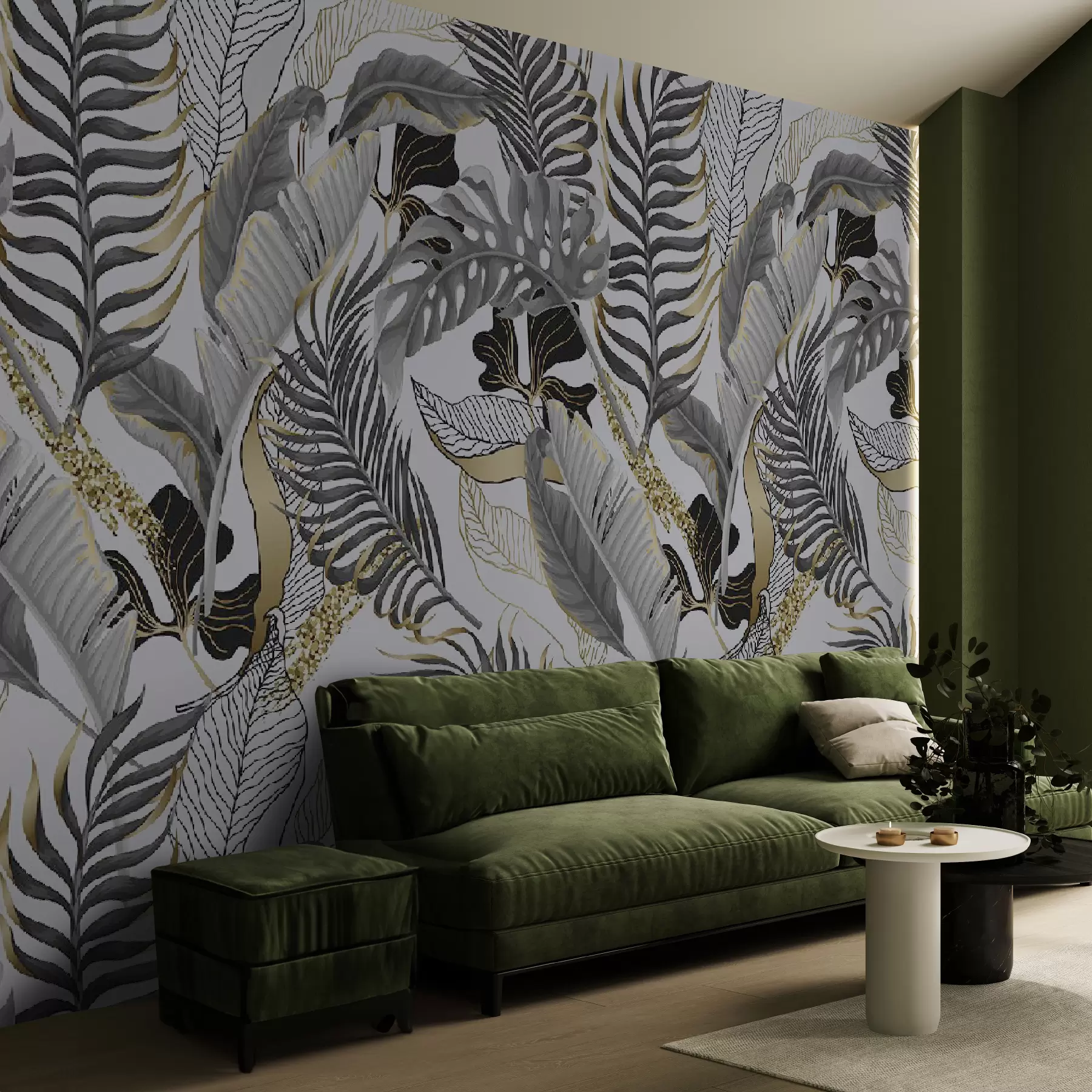 murales de pared Hojas tropicales grises sobre fondo blanco u71888