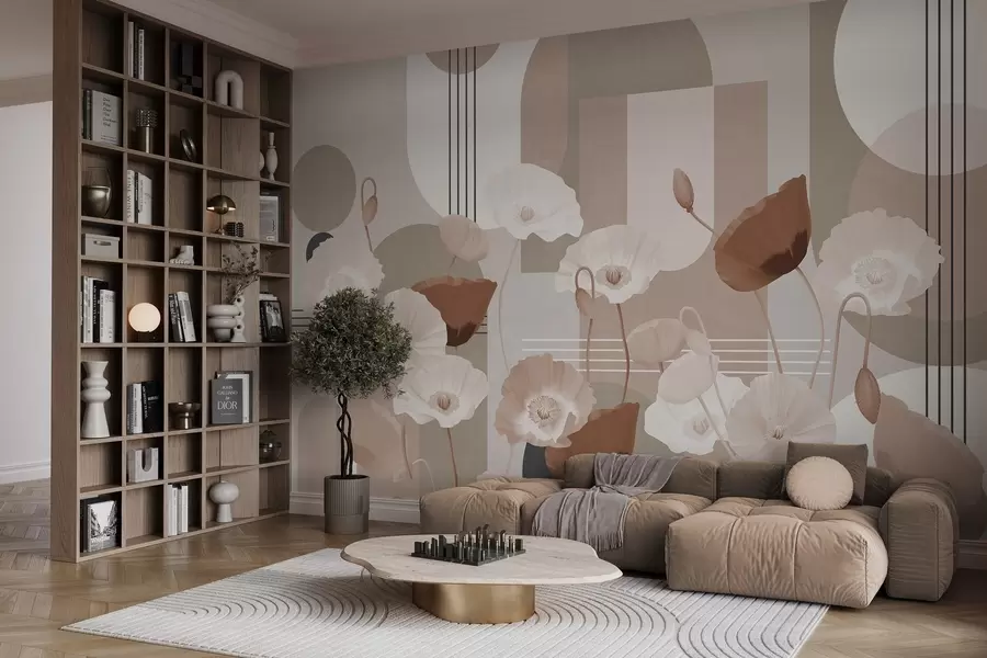 murales de pared Amapolas en colores blanco y beige con formas geométricas en el fondo, círculos y arcos, estilo minimalista, colores suaves w09289