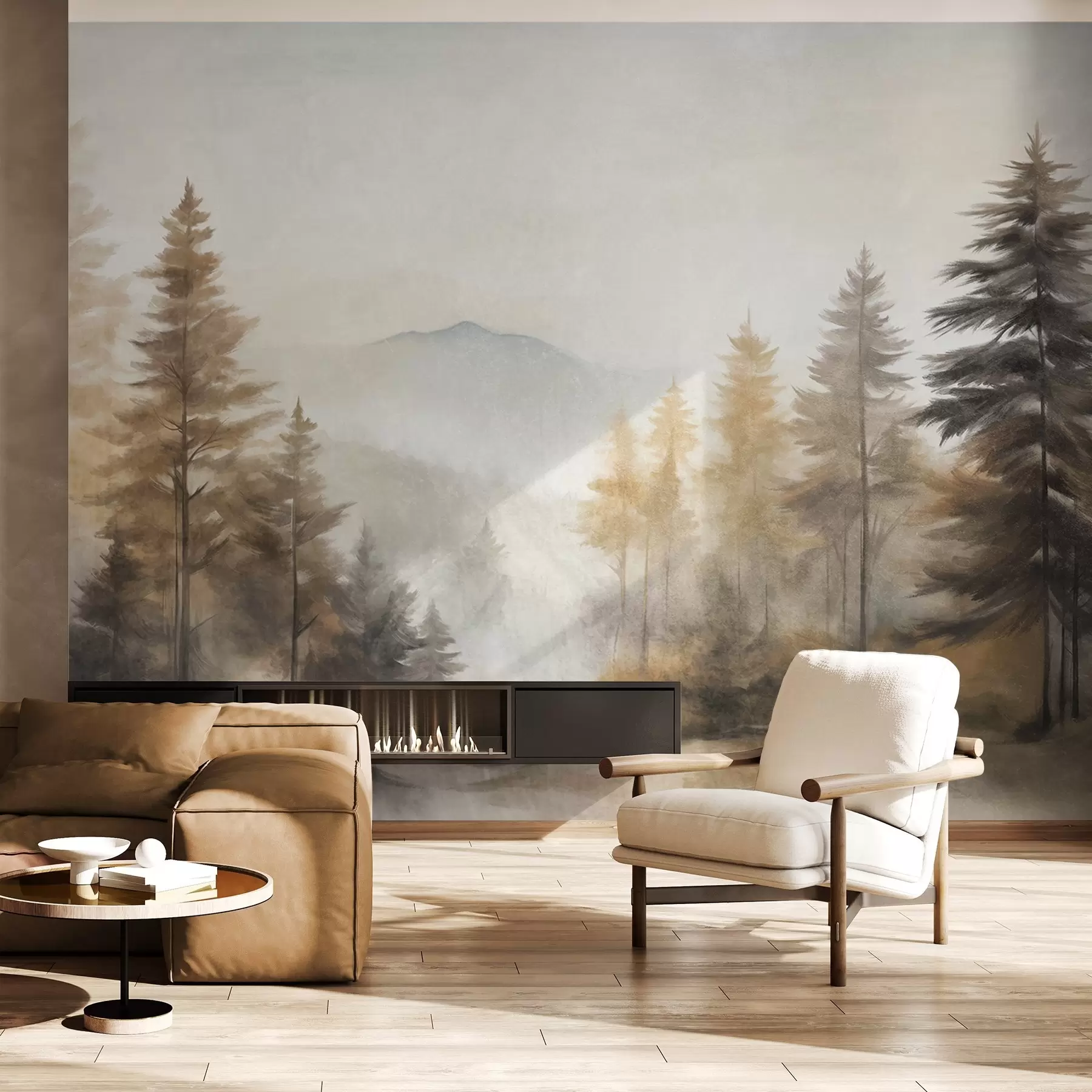 murales de pared Bosque otoñal texturizado con altos pinos y montañas al fondo, los colores son apagados y terrosos estilo pintura w09290