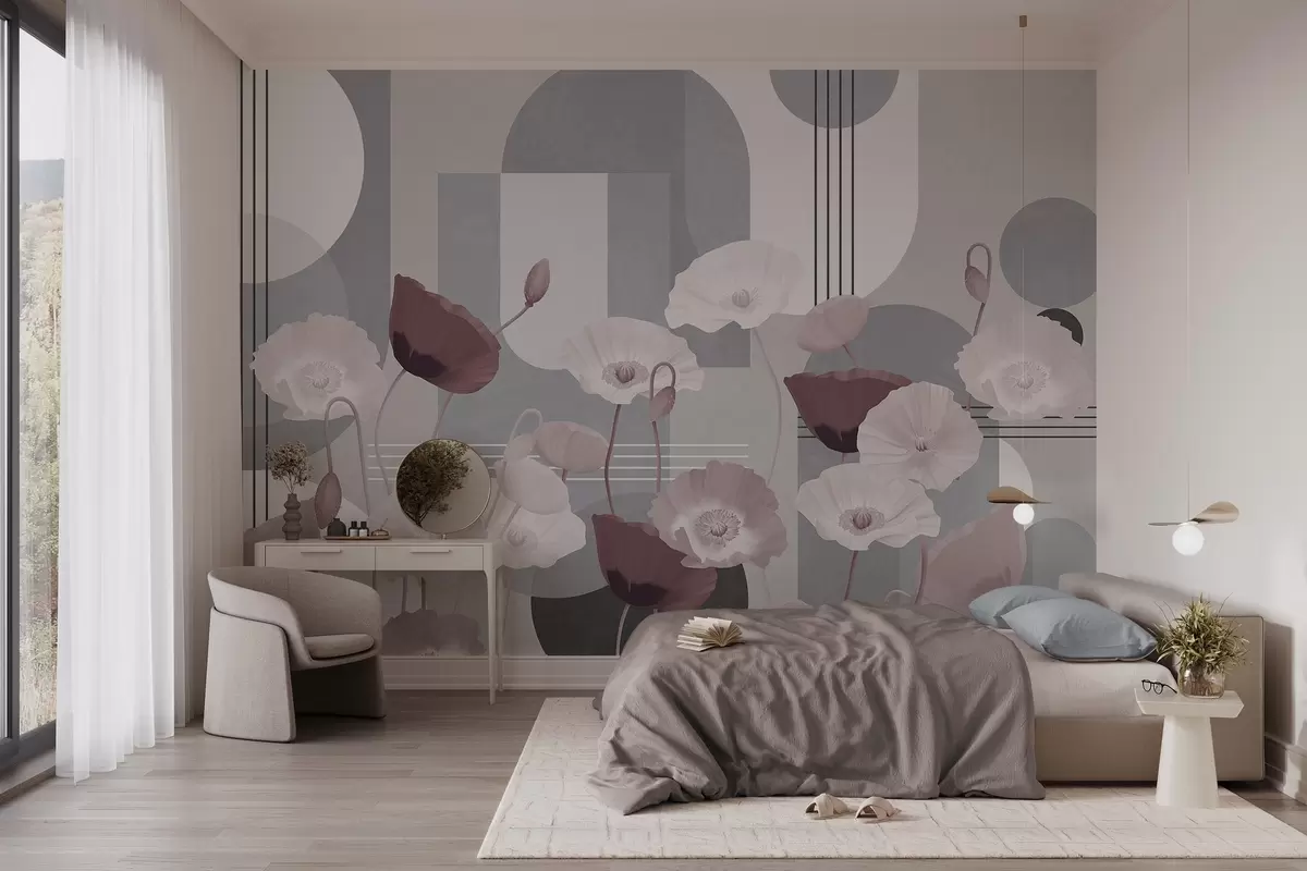 murales de pared Amapolas en colores blanco y gris con formas geométricas en el fondo, círculos y arcos, estilo minimalista, colores suaves w09289v1