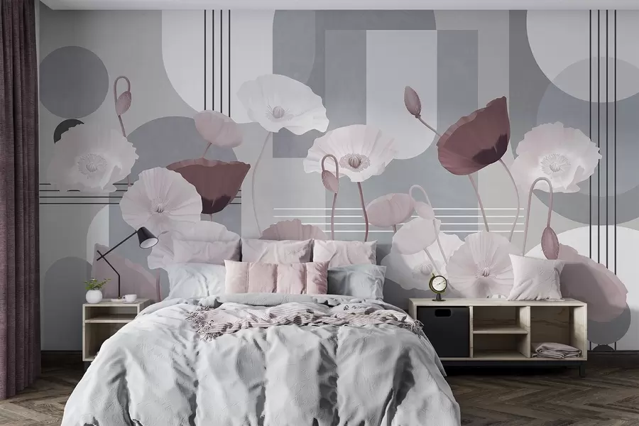 murales de pared Amapolas en colores blanco y gris con formas geométricas en el fondo, círculos y arcos, estilo minimalista, colores suaves w09289v1