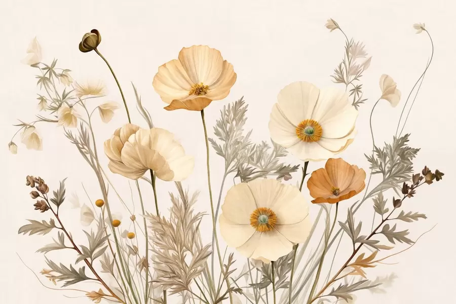 murales de pared Amapolas naranjas y blancas de textura vintage con tallos y hojas finas, fondo beige claro, estilo acuarela w09293