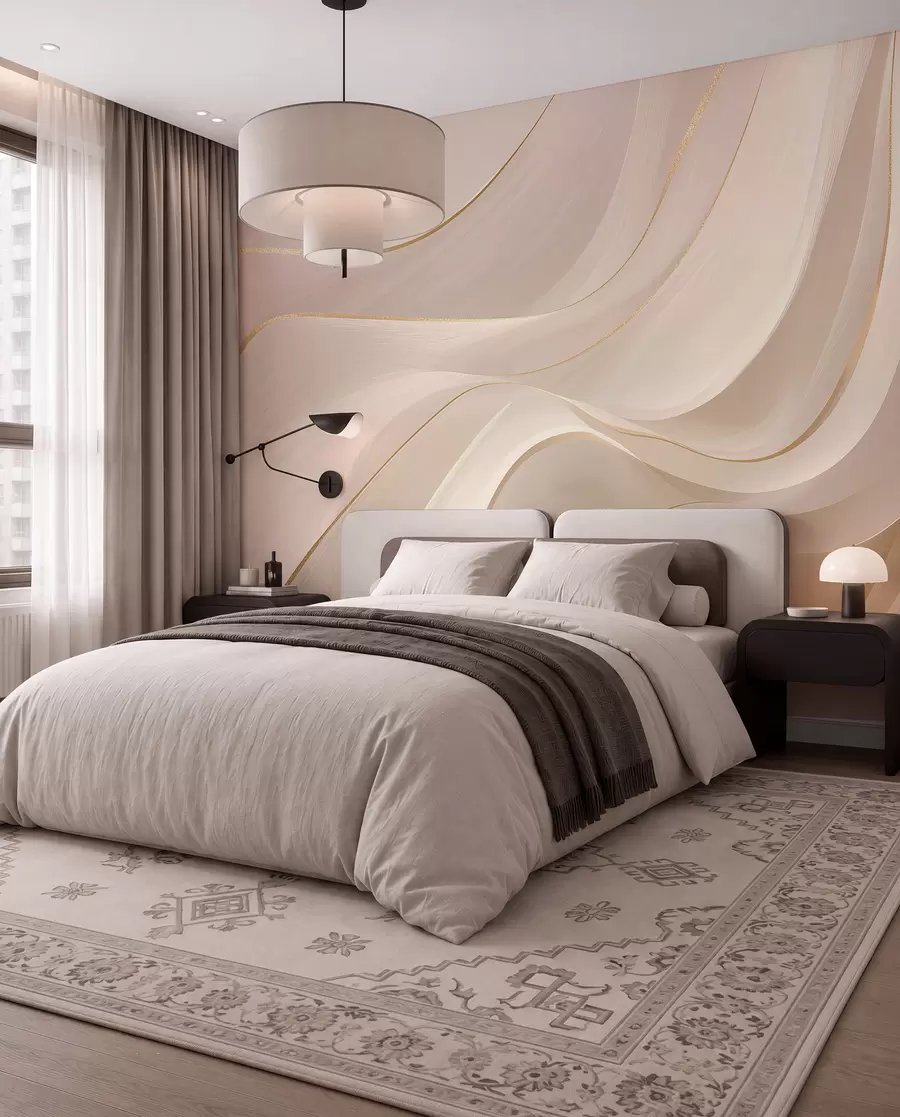 murales de pared Ondas fluidas con toques amarillos en luz cremosa w09303