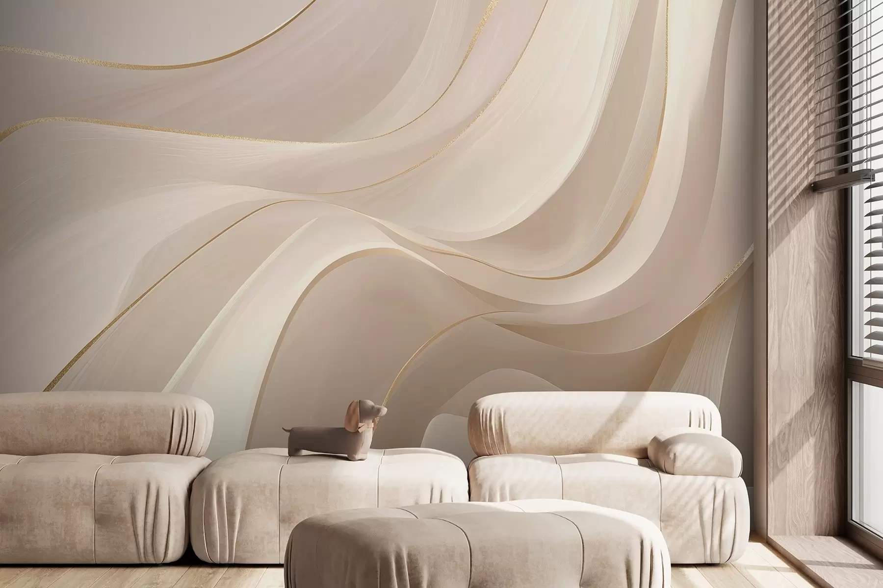 murales de pared Ondas fluidas con toques amarillos en luz cremosa w09303