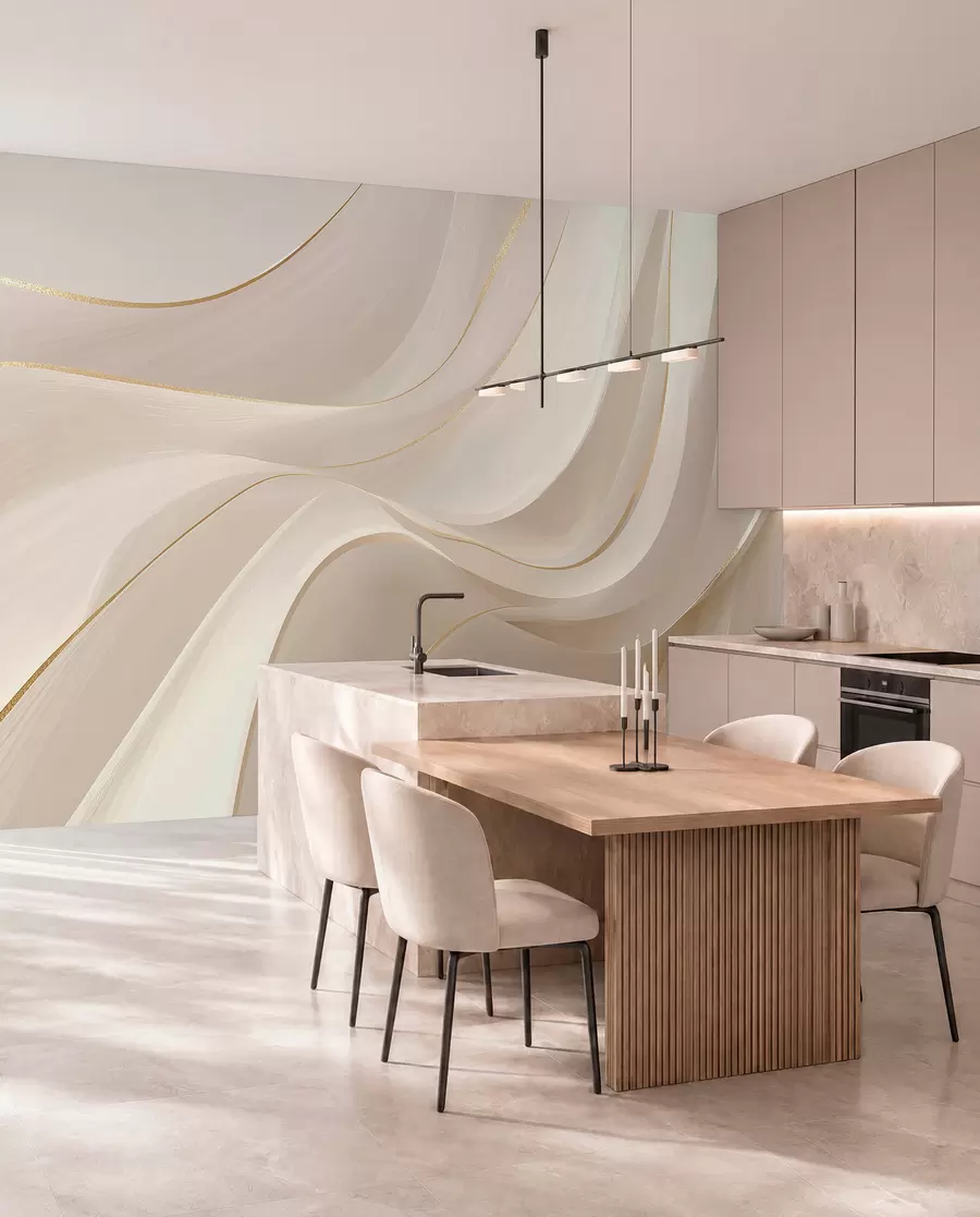 murales de pared Ondas fluidas con toques amarillos en luz cremosa w09303
