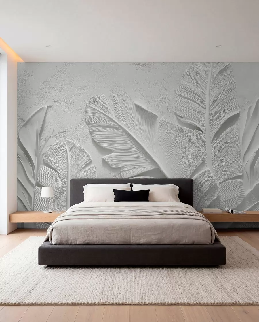 murales de pared Hojas grises texturizadas sobre un fondo con relieve de yeso falso w09307
