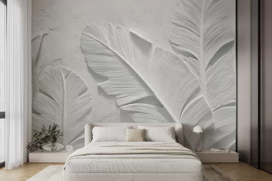 murales de pared Hojas grises texturizadas sobre un fondo con relieve de yeso falso w09307