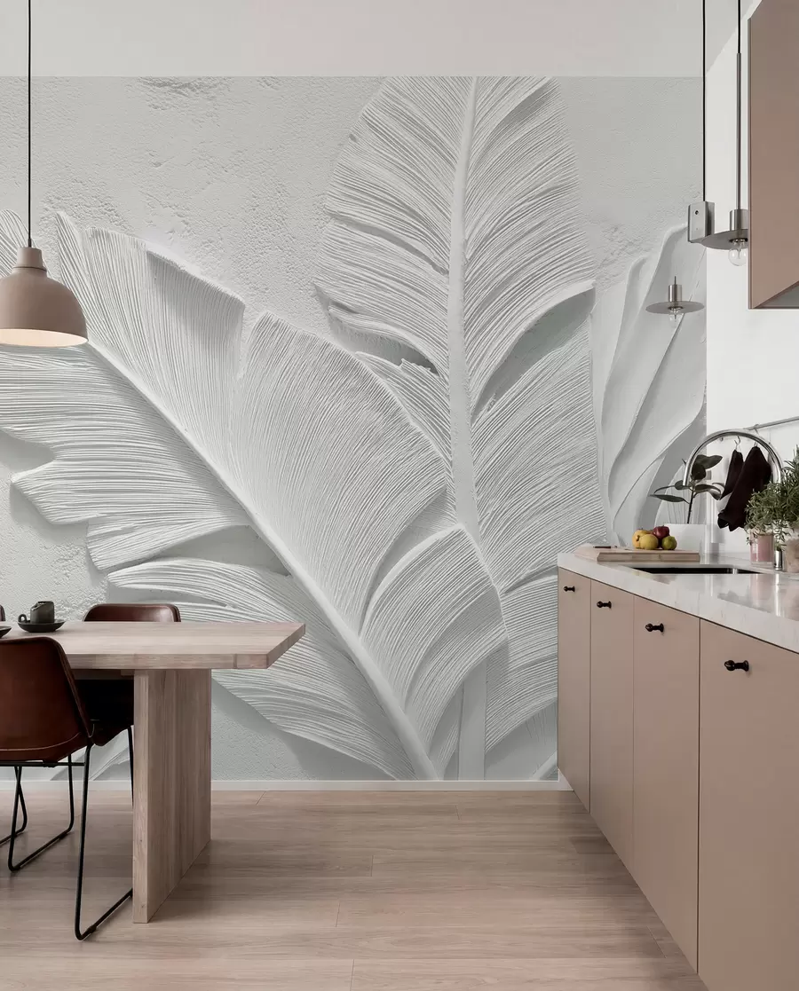 murales de pared Hojas grises texturizadas sobre un fondo con relieve de yeso falso w09307