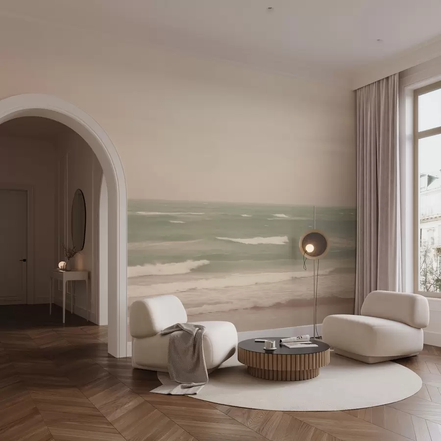 murales de pared Suave paisaje marino rosa verdoso con suaves olas w04348