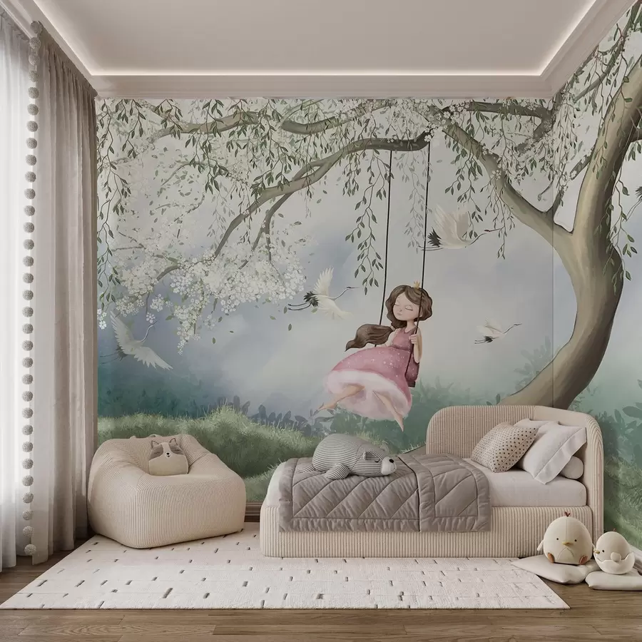 murales de pared Niña en columpio bajo árbol en flor con pájaros volando alrededor w04370