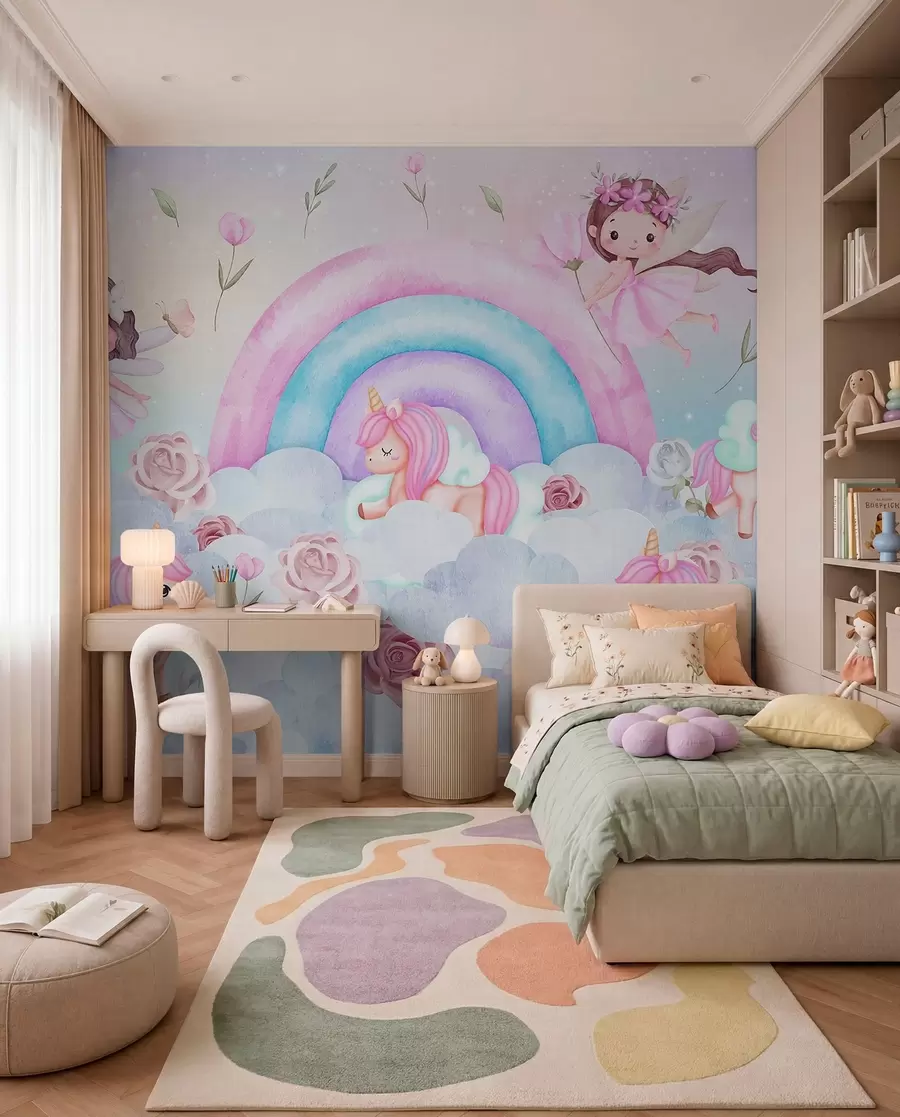 murales de pared Hadas y unicornios entre nubes y arco iris w04371
