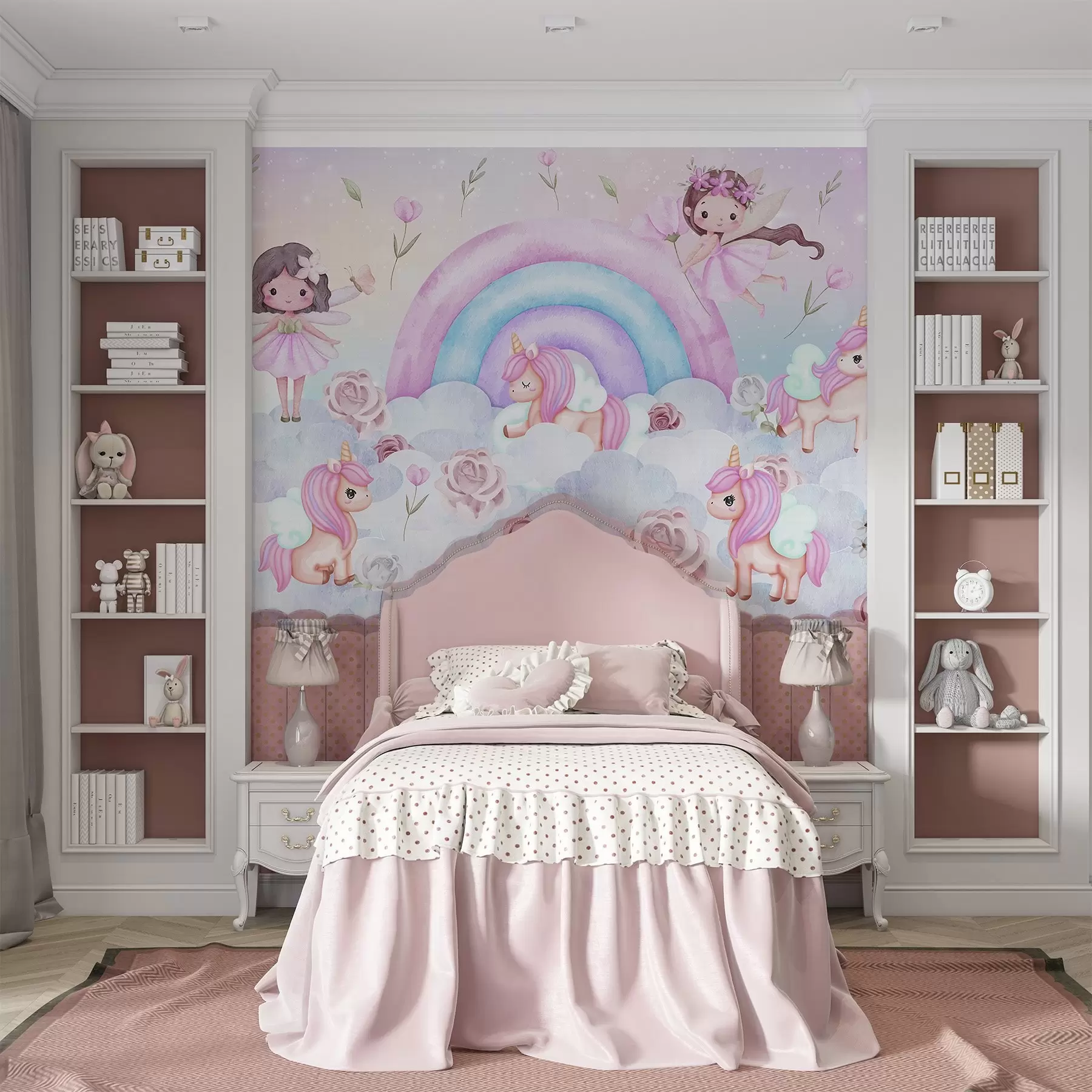 murales de pared Hadas y unicornios entre nubes y arco iris w04371