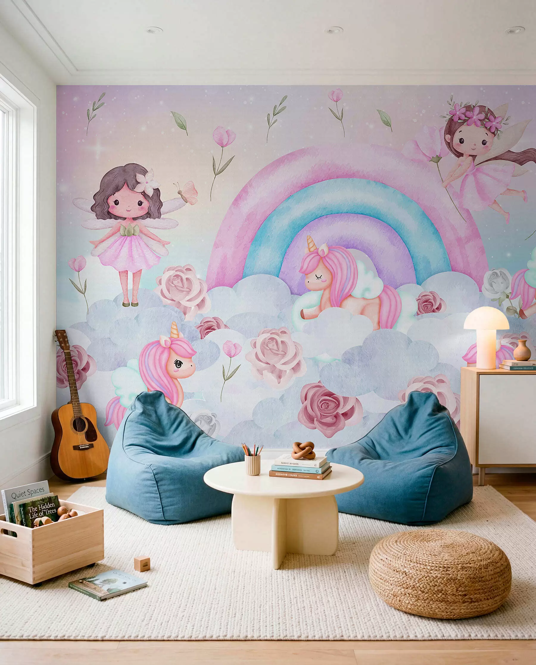 murales de pared Hadas y unicornios entre nubes y arco iris w04371