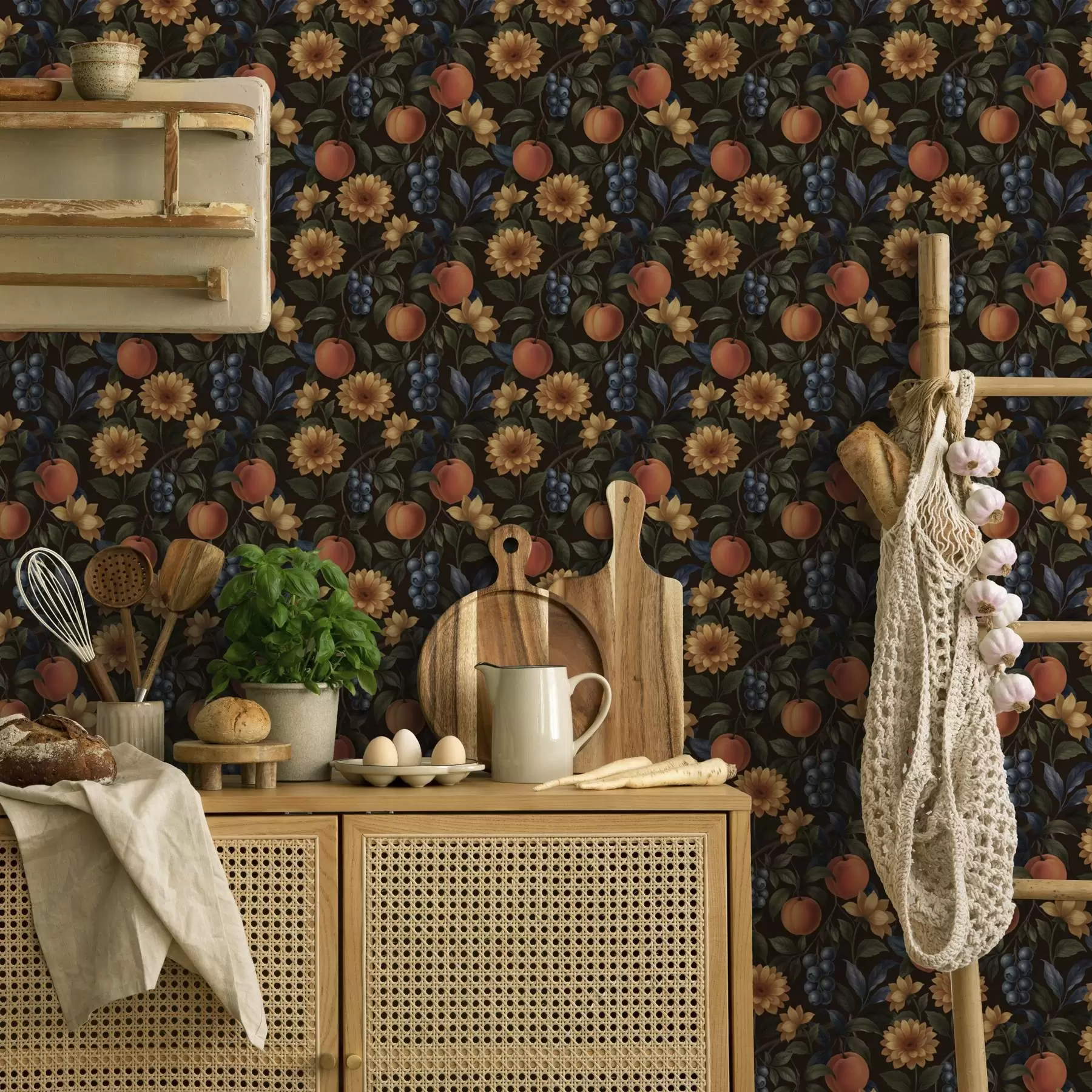 murales de pared Frutas y flores doradas sobre fondo botánico oscuro a00395