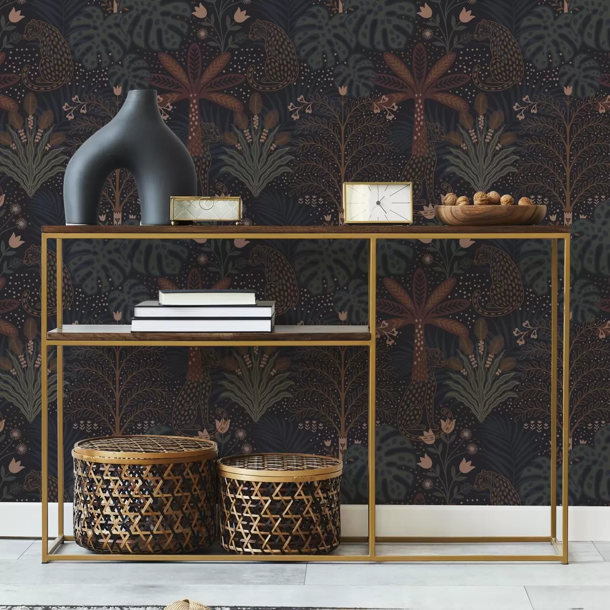 Papel pintado Selva oscura con leopardos palmeras y flores a00424 Papel pintado Selva oscura con leopardos palmeras y flores a00424