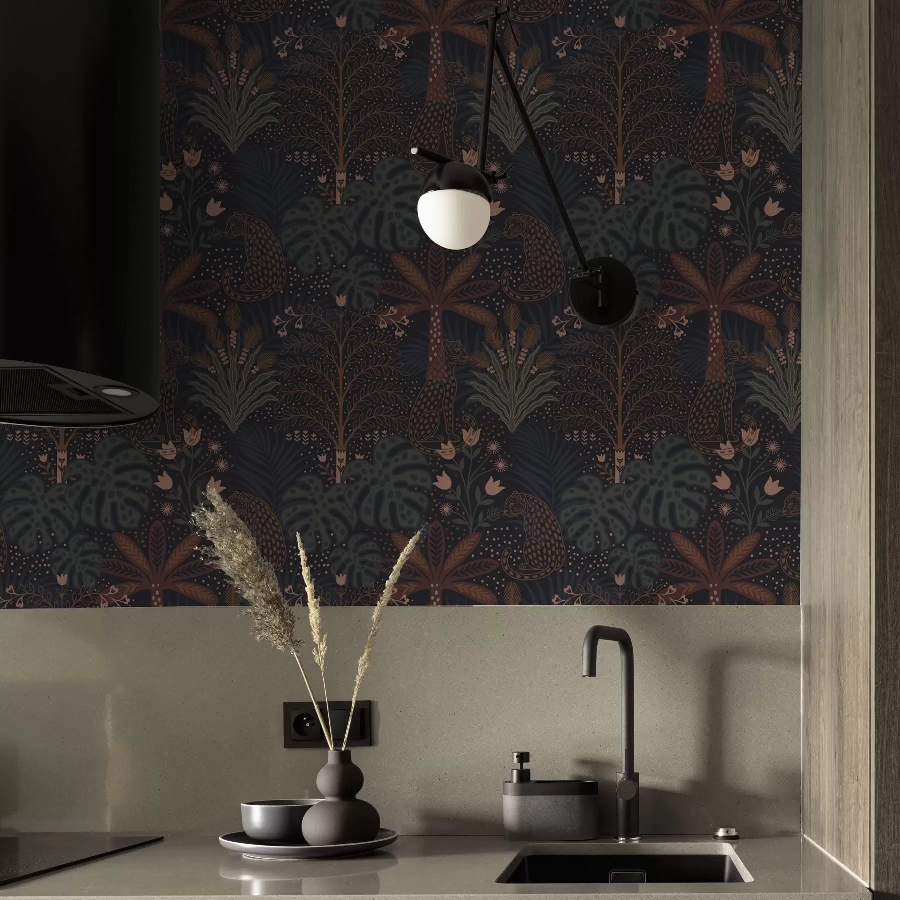 murales de pared Selva oscura con leopardos palmeras y flores a00424