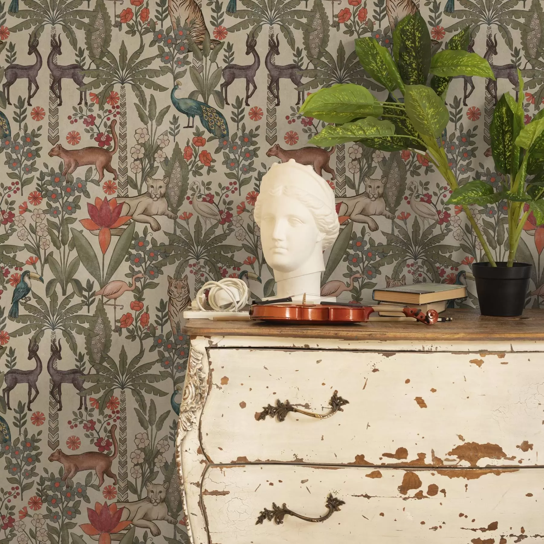 murales de pared Estilo retro: Animales y flores sobre fondo vintage a00431