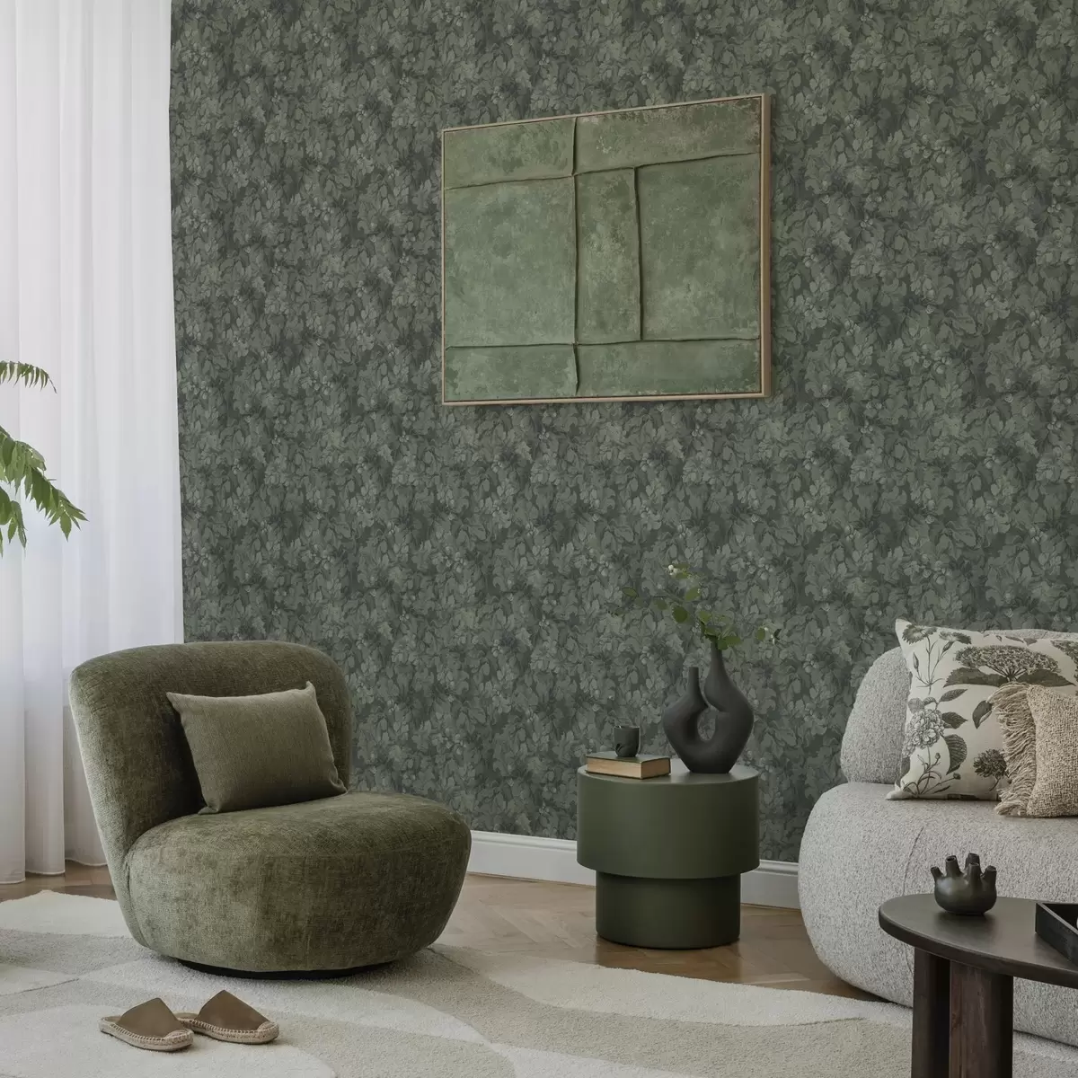 Papel pintado Textura oscura de hojas con bellotas en verde intenso a00461 Papel pintado Textura oscura de hojas con bellotas en verde intenso a00461