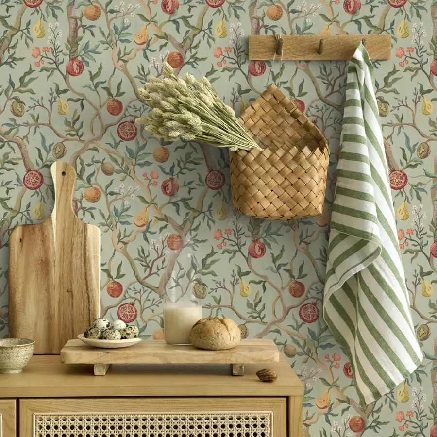 murales de pared Granadas, peras y flores sobre fondo verde pálido a00465