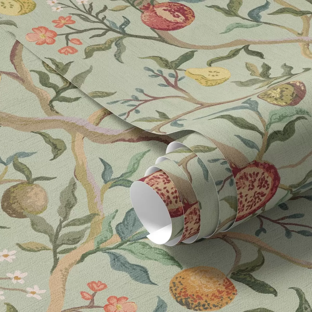 Papel pintado Granadas, peras y flores sobre fondo verde pálido a00465