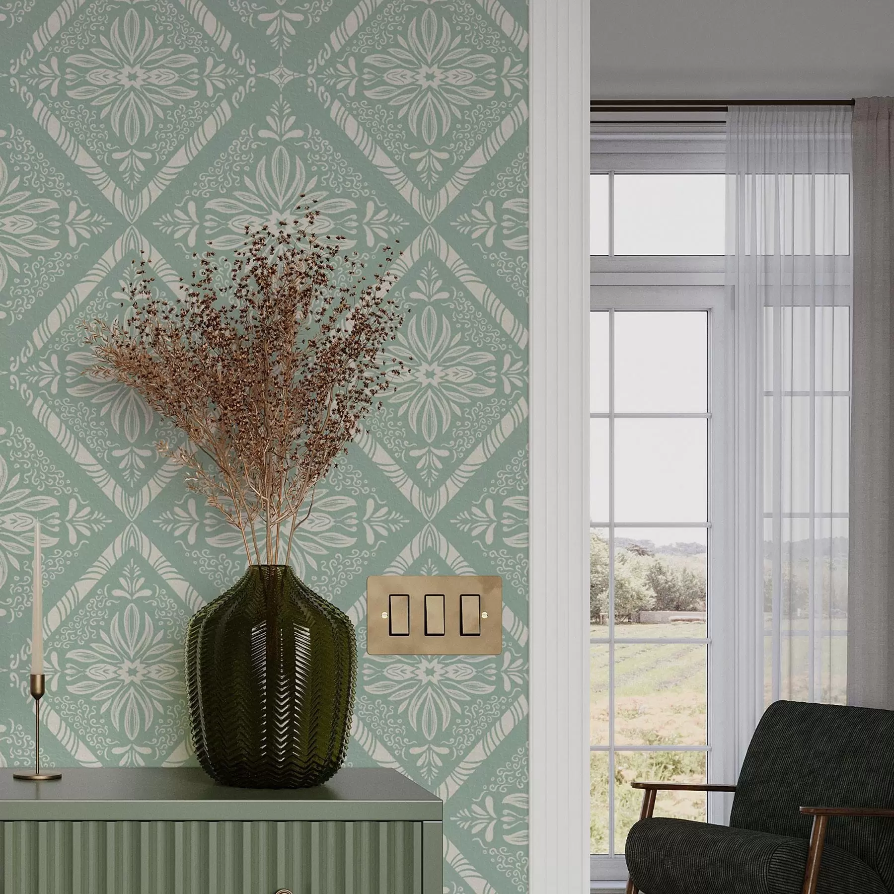 murales de pared Motivo geométrico turquesa y beige con rizos a00466