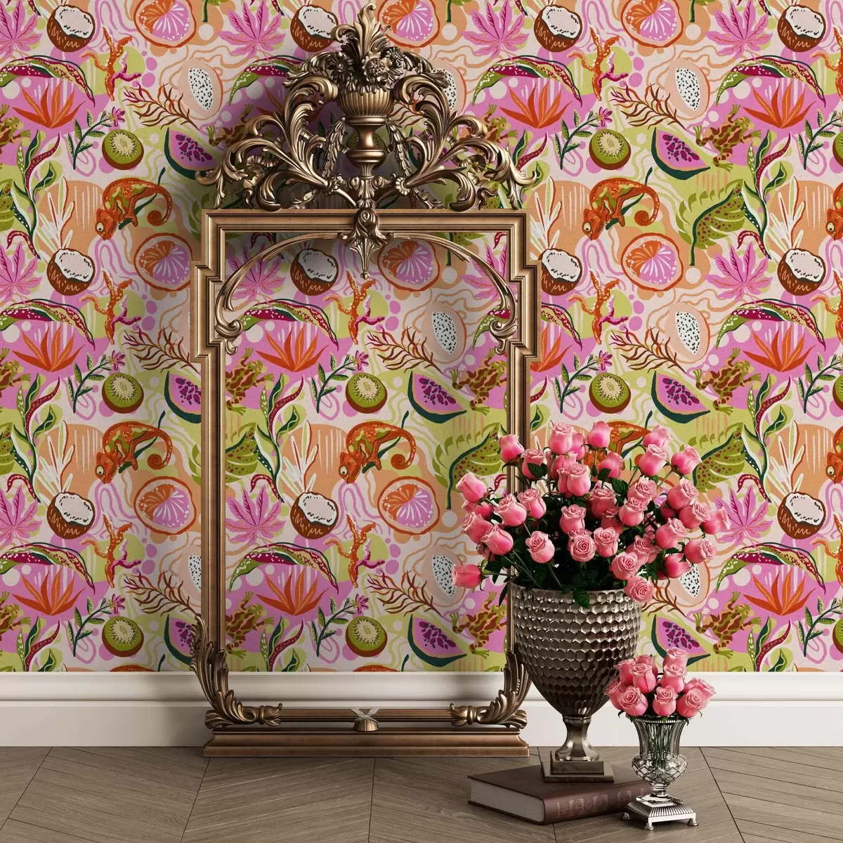 Papel pintado Frutas exóticas, hojas y camaleones de estilo tropical a00469 Papel pintado Frutas exóticas, hojas y camaleones de estilo tropical a00469