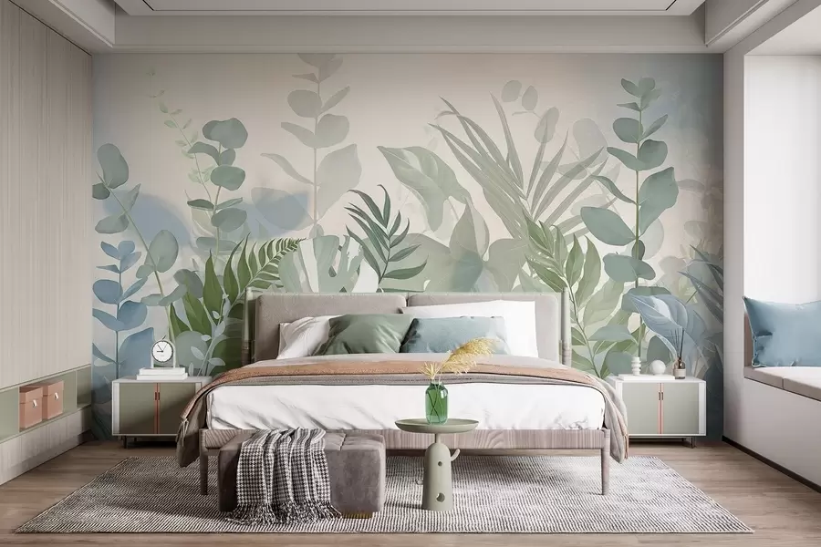 murales de pared Plantas verde pastel helechos, monstera y eucalipto, fondo de textura ligera, iluminación suave, tranquilo , ilustración botánica w09316