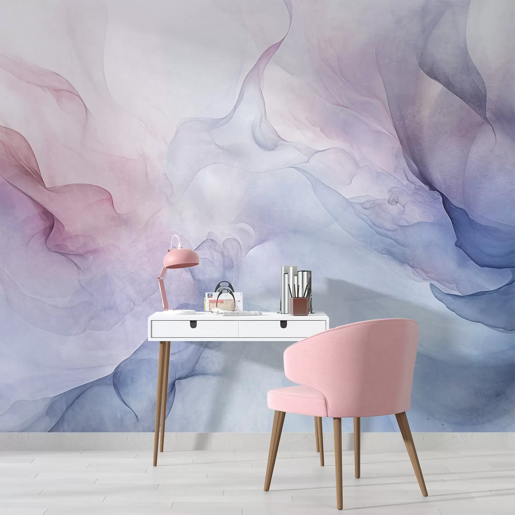 murales de pared Pintura abstracta texturizada con tonos pastel fluidos de rosa, morado y azul que crean un efecto suave w09318