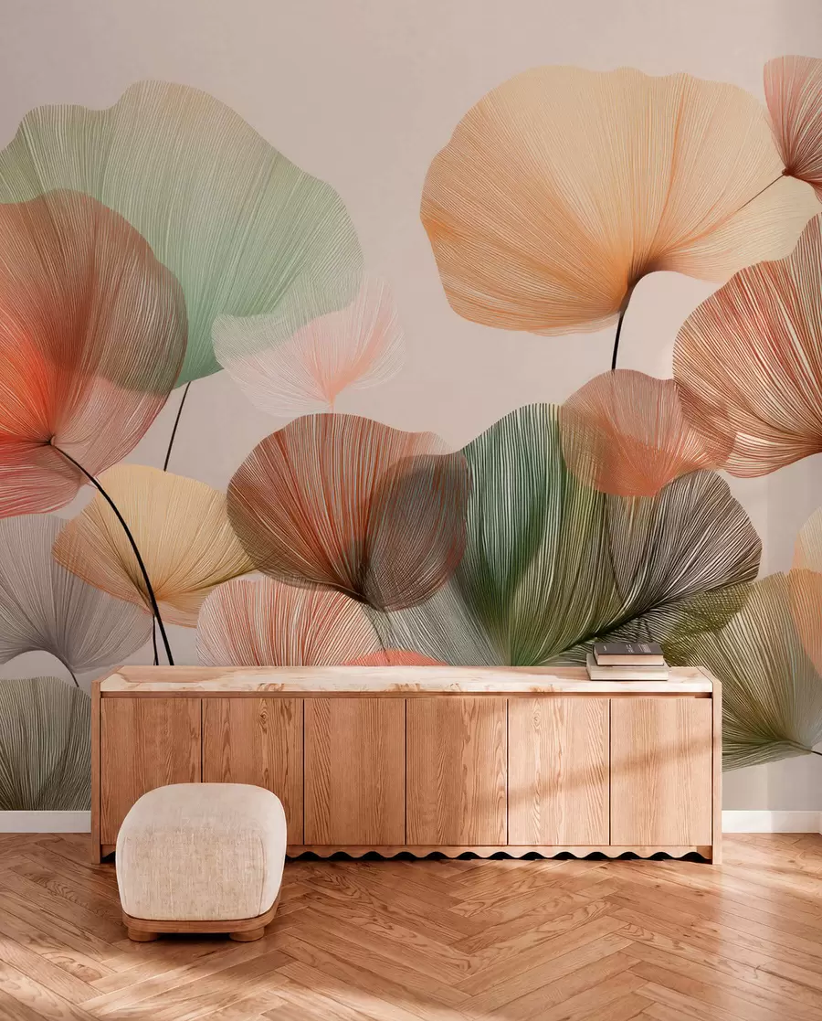 murales de pared hojas de ginkgo multicolores con venas w04305