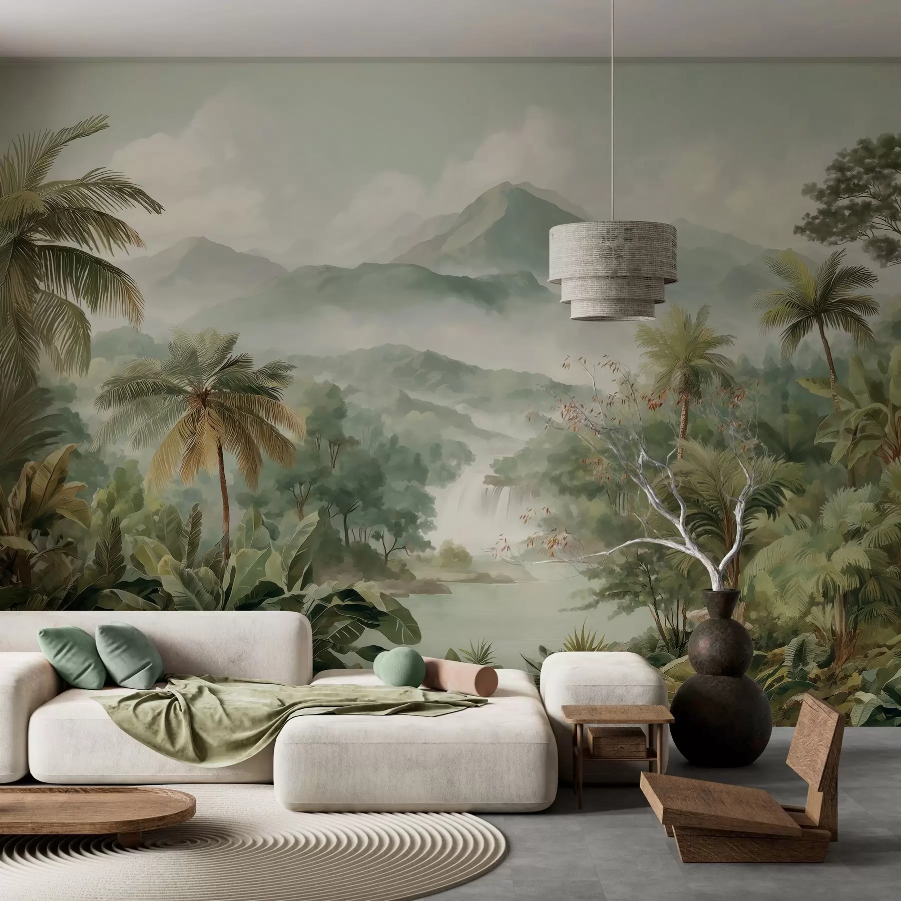 murales de pared selva tropical con cascada w04306