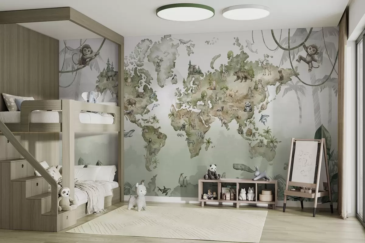 murales de pared Mapamundi ilustrado con animales y selvas w04418v1