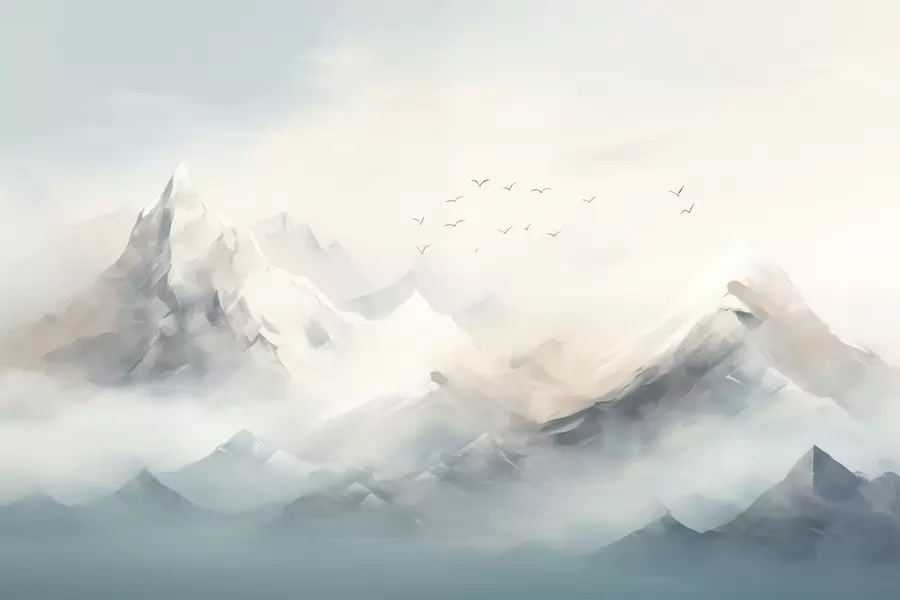murales de pared Montañas nevadas con niebla matinal y pájaros volando w09326