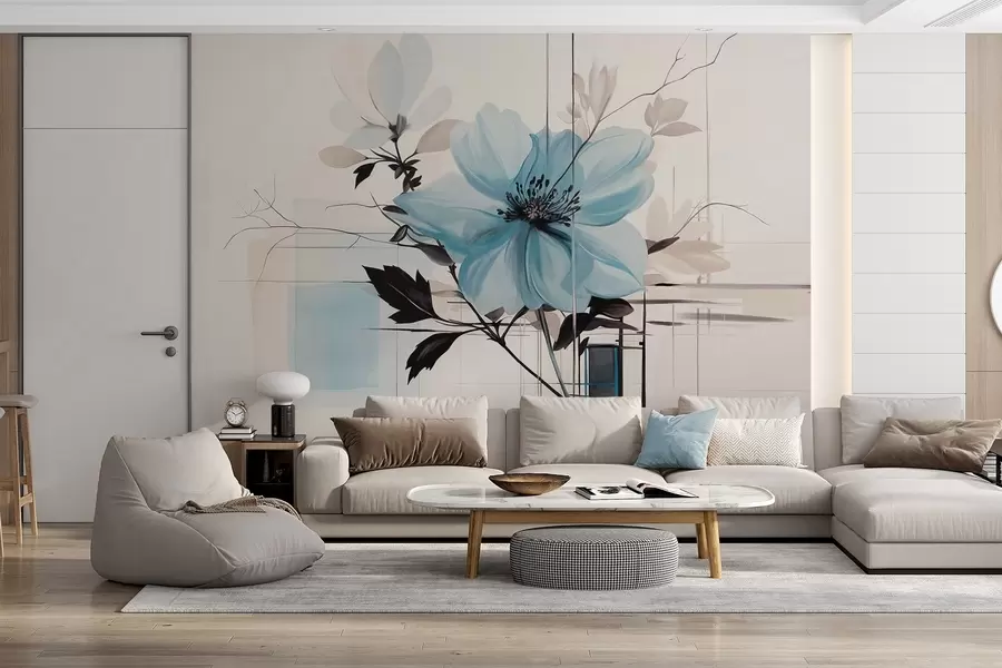 murales de pared Flor abstracta azul texturizada con hojas y ramas oscuras, formas geométricas minimalistas y líneas en colores apagados w09332