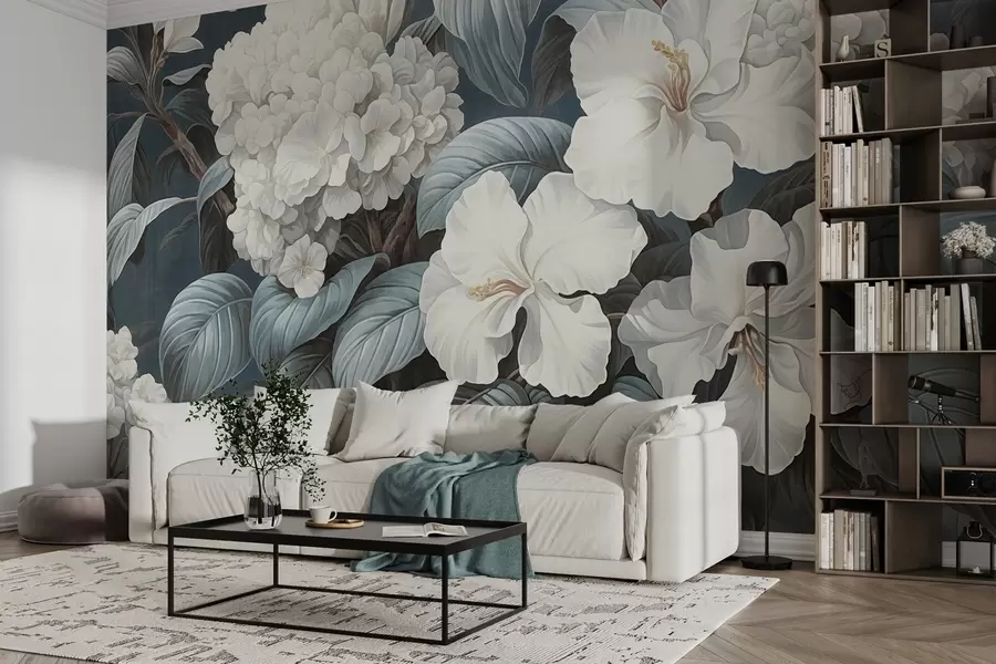 murales de pared Flores tropicales blancas con delicados pétalos y hojas en un fondo azul oscuro, estilo vintage texturizado, ilustración botánica w09334