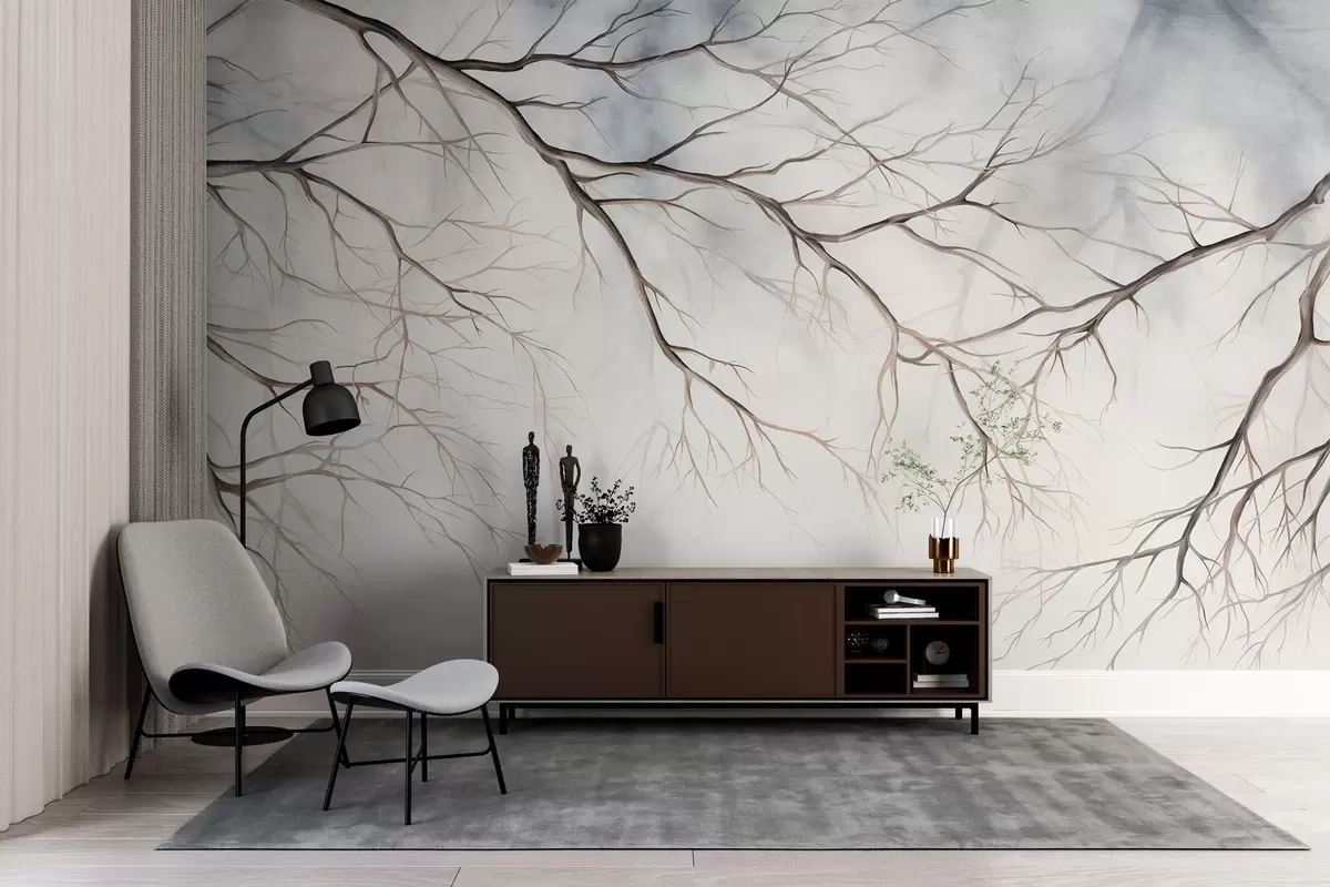 murales de pared Ramas de árbol con un efecto de textura de acuarela, detalles intrincados, paleta de colores suaves, sobre un fondo claro w09337