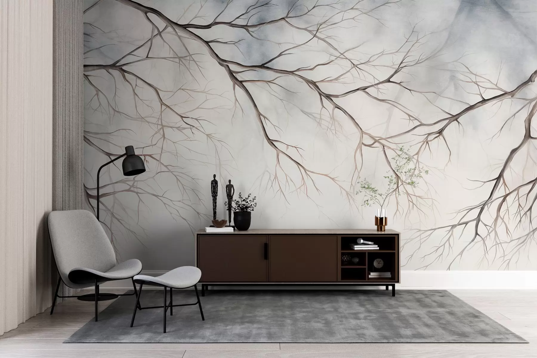murales de pared Ramas de árbol con un efecto de textura de acuarela, detalles intrincados, paleta de colores suaves, sobre un fondo claro w09337