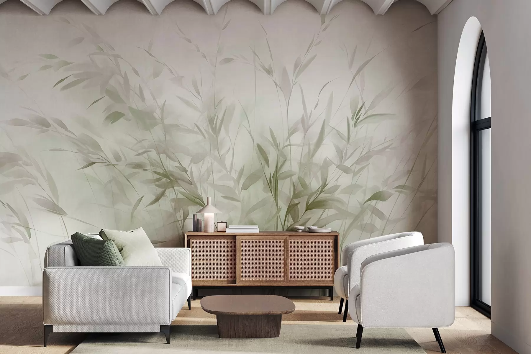 murales de pared Hierba y maleza con hojas y tallos finos, colores verde claro y marrón, pinceladas suaves y delicadas, estampado minimalista w09342