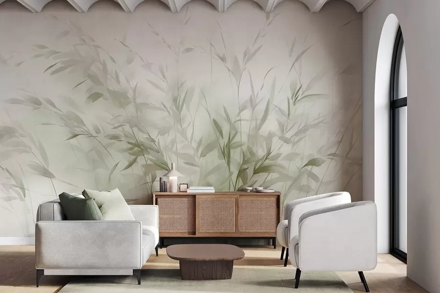 murales de pared Hierba y maleza con hojas y tallos finos, colores verde claro y marrón, pinceladas suaves y delicadas, estampado minimalista w09342